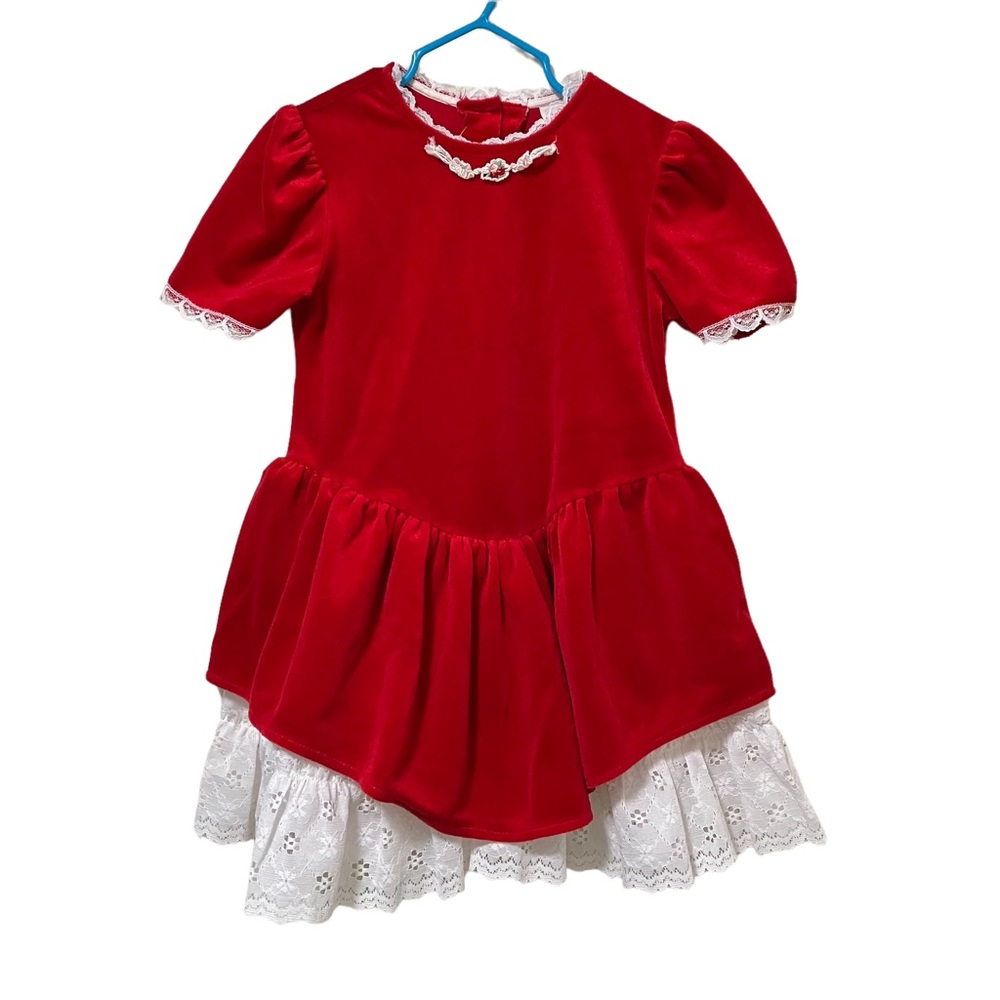 Vintage Cuddle Teen Girls Red Velvet Lace Dress